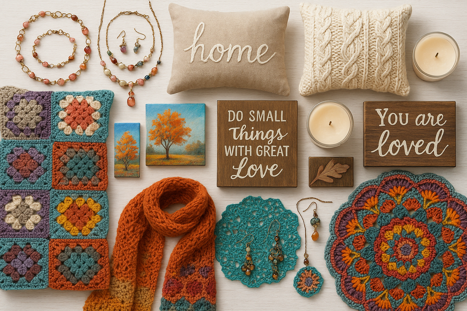 Hand crafted jewelry, home decor, crochet and knitting, painting and signs